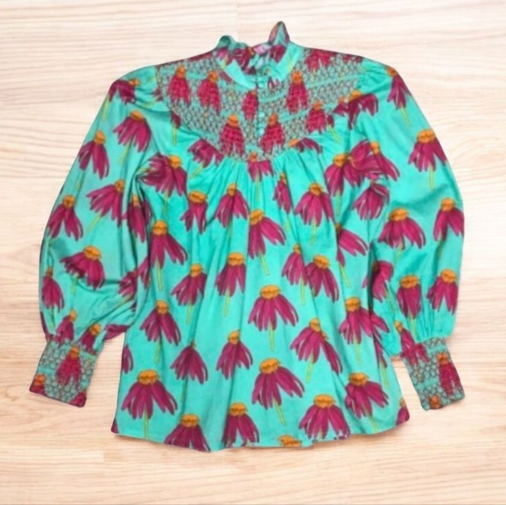 Victoria Dunn Popping Posey Long Sleeve Smocked Neck Blouse Size XS - Picture 3 of 7